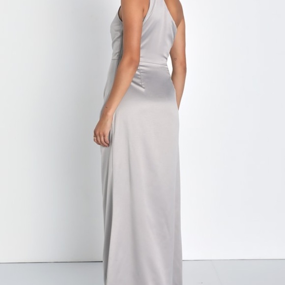 Lulus Dreaming of Elegance Grey Satin One-Shoulder Maxi Dress! - Picture 4 of 4